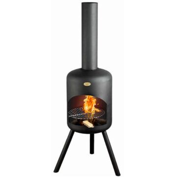 BonFeu BonSelo Gartenkamin schwarz Produktfoto mit Feuer und Grillrost
